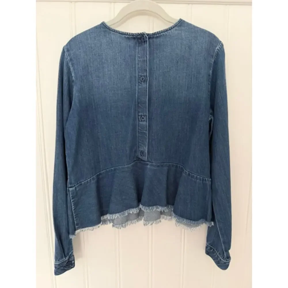Cloth & Stone Chambray Lyocell Peplum Top Frayed Hem Button Back Long Sleeve S - Picture 7 of 10